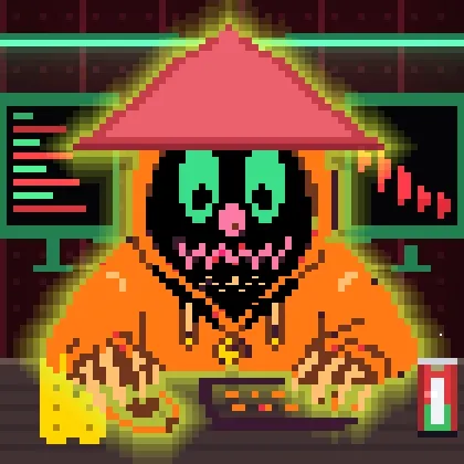 A pixel art image of a hooded skull-faced character at a computer, with two monitors displaying charts and a glowing red can beside the keyboard.