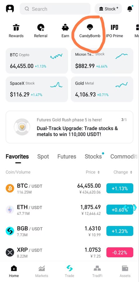 A cryptocurrency exchange app dashboard shows market data including BTC at 64,455.00 (+1.13%), with a hand-drawn orange circle highlighting the "CandyBomb" icon in the top menu bar near Stock+ and notification buttons.