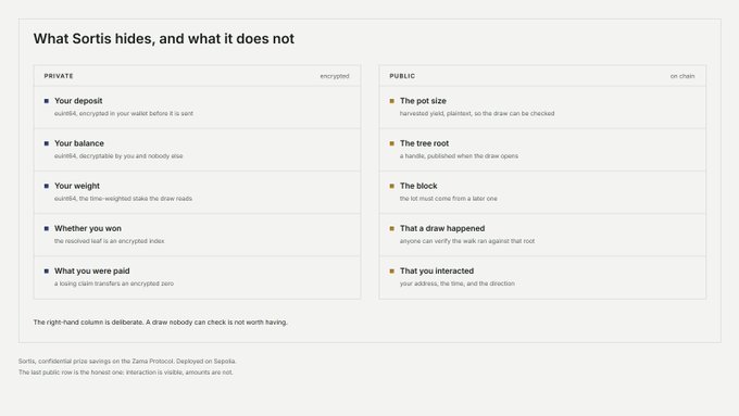 A comparison chart titled "What Sortis hides, and what it does not" contrasts private, encrypted data on the left with public, on-chain data on the right.