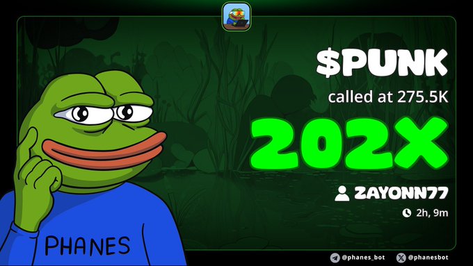 A Telegram post from Phanes Bot showing '$PUNK called at 275.5K' with a large green '202X' and the username '2AYONN77' alongside a Pepe-style frog character wearing a 'PHANES' shirt.