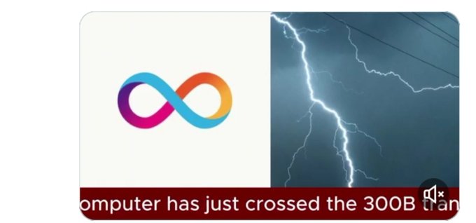 A Meta logo next to a dramatic lightning strike image with a news ticker reading 'computer has just crossed the 300B' threshold announcement.