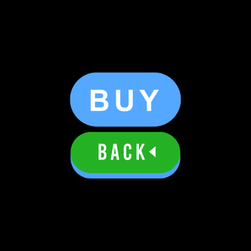 The image shows two pill-shaped buttons stacked on a black background: a blue "BUY" button on top and a green "BACK" button below it with a leftward arrow, visually symbolizing buybacks. This pairs with the announcement that the Sui Foundation is converting stablecoin yield and gas fees into SUI through daily open-market buybacks.