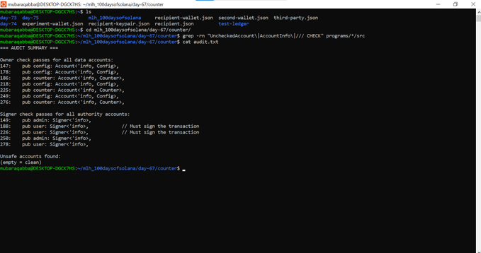 Terminal window showing audit summary output for a Solana program ('mh_10Ndaysofsolana') including owner check passes for accounts 167-276, signer check passes for accounts 149-279, and a clean private accounts section.