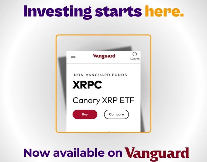 The image is a promotional graphic with the headline "Investing starts here." and footer "Now available on Vanguard," featuring a mobile app screenshot displaying the Canary XRP ETF under ticker XRPC with Buy and Compare buttons. It illustrates the post's claim that XRP is now accessible on Vanguard's platform.