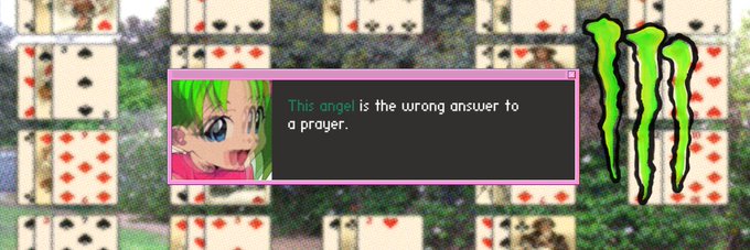 A green-haired anime character in a dialogue box states "This angel is the wrong answer to a prayer," overlaid on a background of playing cards and a green Monster Energy logo, fitting the post's question about who will "get a rare one."