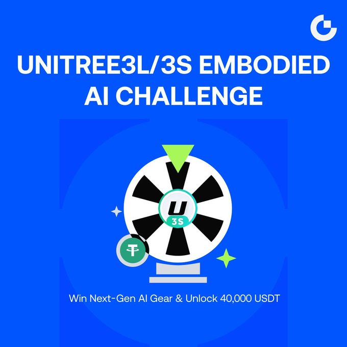 A blue promotional graphic for the 'UNITREE3L/3S EMBODIED AI CHALLENGE' offering the chance to 'Win Next-Gen AI Gear & Unlock 40,000 USDT' with an illustration of a wheel and tokens.