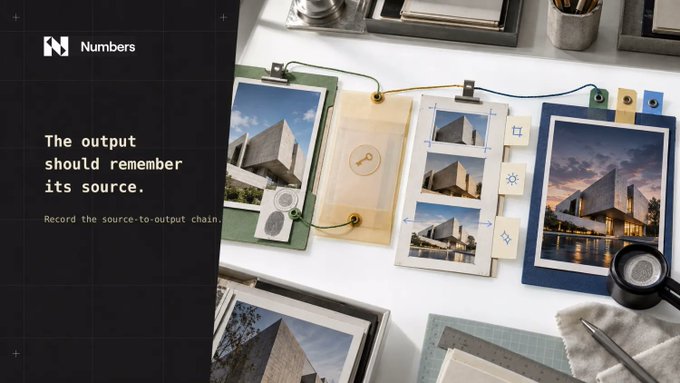A Numbers protocol infographic stating 'The output should remember its source. Record the source-to-output chain' alongside images of architectural photos and documents.