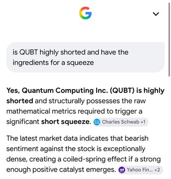 A screenshot of a Google search result answering 'is QUBT highly shorted and have the ingredients for a squeeze', confirming Quantum Computing Inc. (QUBT) meets the criteria for a short squeeze.