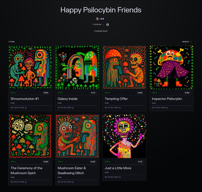 A dark-themed NFT marketplace page titled 'Happy Psilocybin Friends' displaying seven psychedelic mushroom-themed artworks with titles such as 'Shroomvolution #1', 'Galaxy Inside', 'Tempting Offer', 'Inspector Psilocybin', 'The Ceremony of the Mushroom Spirit', 'Mushroom Eater & Swallowing Glitch', and 'Just a Little More', each priced in ETH.