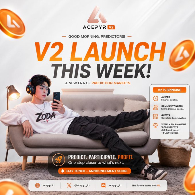 An advertisement for 'ACEPYR V2' announces 'V2 LAUNCH THIS WEEK' with the tagline 'A NEW ERA OF PREDICTION MARKETS,' featuring features like Auspex, Community Votes, Quests, and a $1,500 weekly tournament.