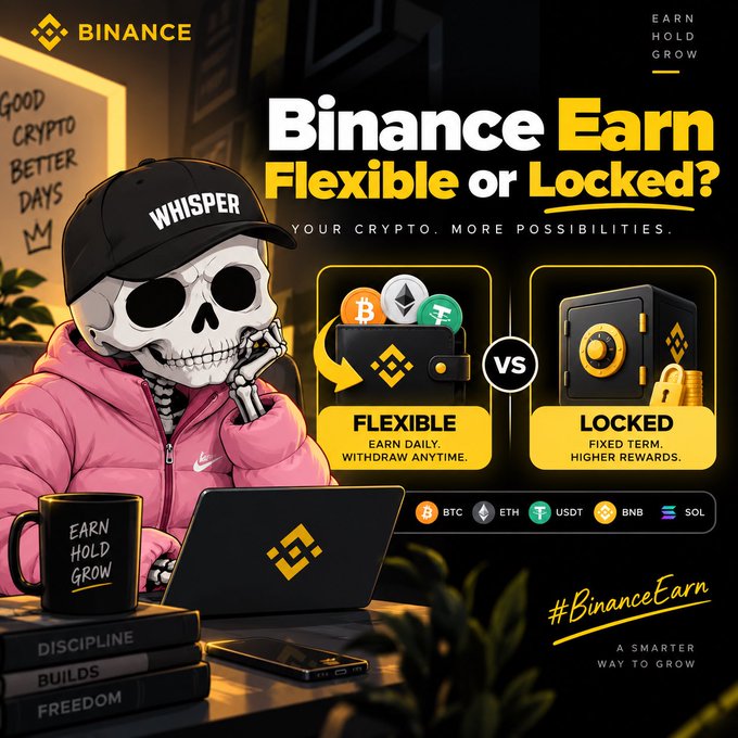 A Binance advertisement featuring a cartoon skeleton in a pink Nike hoodie and 'WHISPER' cap, promoting 'Binance Earn Flexible or Locked?' with cryptocurrencies BTC, ETH, USDT, BNB, and SOL.