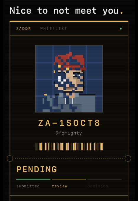 A pixel art character card with the text 'Nice to not meet you.', displaying 'ZADDR WHITELIST', a pixelated figure with red hair, the code 'ZA-1SOCT8', '@fqmighty', a barcode, and a 'PENDING' status with progress from 'submitted' to 'decision'.
