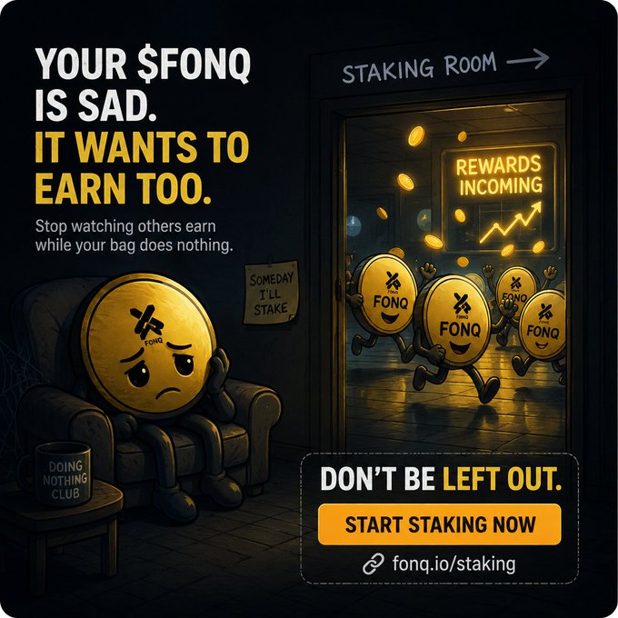 An advertisement for FONQ staking features a sad coin character in a chair next to a 'Doing Nothing Club' mug, contrasting with happy coins running into a 'Staking Room' for 'Rewards Incoming,' with a call to 'Start Staking Now' at fonq.io/staking.