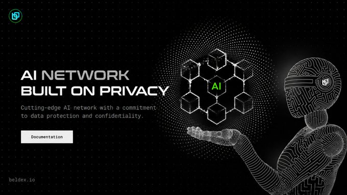 A promotional banner for 'AI NETWORK BUILT ON PRIVACY' by beldex.io, featuring a wireframe humanoid figure holding hexagonal shapes with an 'AI' label and a 'Documentation' button.