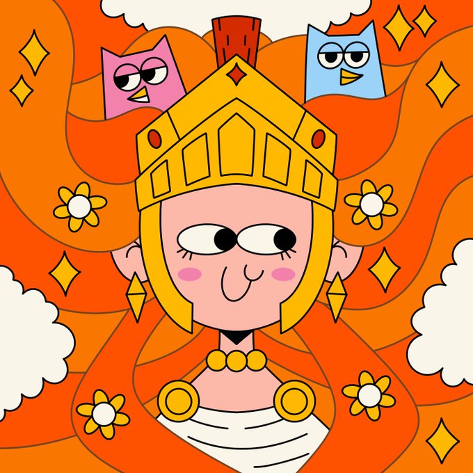 The image features a cartoon illustration of a woman wearing a golden helmet with a red and gold design, surrounded by three owls. The owl on the left has a pink head, the middle owl has a blue head, and the owl on the right has an orange head. In addition to these elements, there are also flowers in the image that add to its visual appeal. The post appears to be about a cartoon character or illustration featuring a woman with a golden helmet and three owls, possibly related to the character of Athena from Greek mythology.
