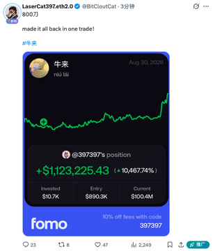 Twitter/X post by LaserCat397eth2.0 showing a profitable crypto trade position with +$1,123,225.43 gain (+10,467.74%) on 'niu lai' from a $10.7K investment that grew to $100.4M, via fomo platform.