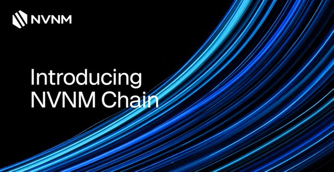 A sleek, dark promotional banner reading 'Introducing NVNM Chain', featuring the NVNM logo and abstract blue light streaks sweeping across the background.