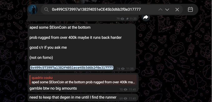 A screenshot of a chat interface with a dark background featuring food doodles, showing messages about crypto including 'aped some $EonCoin at the bottom', 'prob rugged from over 400k maybe it runs back harder', and 'quadrix cookx' with the address '0x499C573997a1382f4051eCE45b3d6b2f0e317777'.