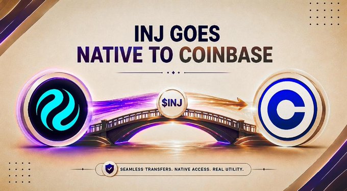 A promotional graphic announces 'INJ GOES NATIVE TO COINBASE', featuring the Injective ($INJ) and Coinbase logos connected by a bridge illustration.