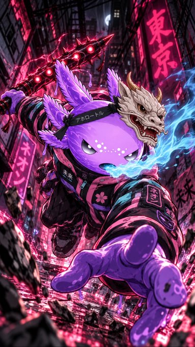 An anime-style illustration featuring a purple, horned creature character in a combat pose, wielding a glowing red spiked weapon amidst a neon-lit city with Japanese text on signs.