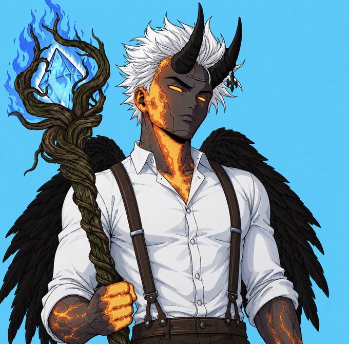An anime-style character with white hair, black horns, glowing yellow eyes, black wings, and cracked lava-like skin, wearing a white shirt and suspenders while holding a wooden staff topped with a flaming blue crystal.