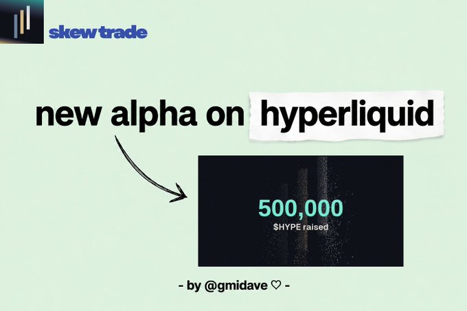 The image promotes "new alpha on hyperliquid" by Skew Trade, featuring the Skew Trade logo and a graphic announcing that 500,000 HYPE was raised, with credit given to @gmidave for the alpha.