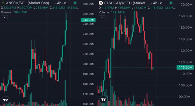 Two TradingView candlestick charts side-by-side: $ANSEM/SOL (left) showing a sharp surge to $243.92 (+30%, market cap $232.46M) and $CASHCAT/WETH (right) declining to $115.50 (-20%, market cap $116.89M), visually illustrating the post's claim of $ANSEM pumping 30% while $CASHCAT drops 20%.