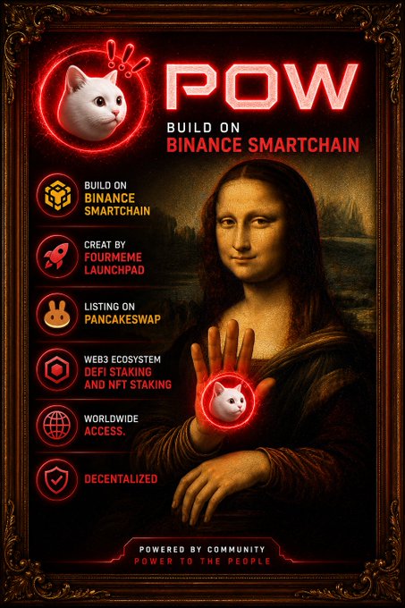 A promotional graphic featuring a cat logo and 'POW BUILD ON BINANCE SMARTCHAIN', highlighting features like 'CREATE BY FOURMEME LAUNCHPAD' and 'LISTING ON PANCAKESWAP', overlaid on an image of the Mona Lisa.