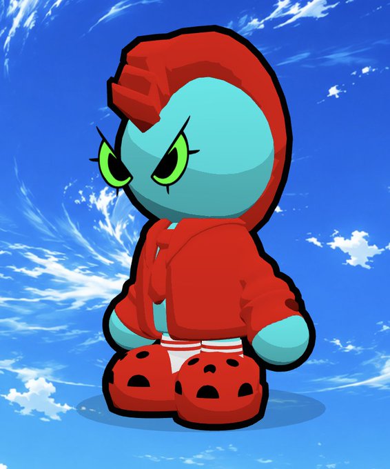 An illustration of a small, blue-skinned cartoon character with an angry expression, wearing a red hooded sweatshirt and red shoes against a blue sky.