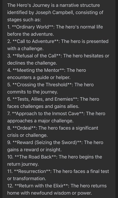 The image displays a text-based breakdown of Joseph Campbell's "Hero's Journey" narrative structure, listing its 12 stages from "Ordinary World" to "Return with the Elixir." The caption highlights that the post positions $pDAI as a protagonist navigating this journey, with PulseChain's progress corresponding to "part ten" — "The Road Back" stage, suggesting the cryptocurrency is on the verge of a climactic breakthrough to its $1 target.