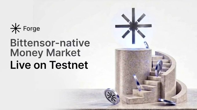 A promotional graphic for Forge announcing "Bittensor-native Money Market Live on Testnet," featuring the Forge logo alongside a 3D render of a glowing star-emblazoned token atop a concrete pedestal with silver coins cascading down curved stairs. The image visually reinforces the post's message about Forge Lending's testnet launch as a Bittensor-native lending protocol.