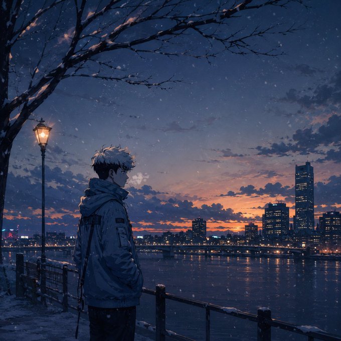 An anime-style illustration of a young person in a winter jacket standing by a railing overlooking a city skyline and river at sunset, with snow falling and a street lamp illuminating the scene.