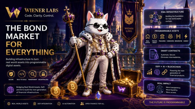 The image is a promotional graphic for Wiener Labs featuring an anthropomorphic Shiba Inu dog dressed as a king with a crown, scepter, cape, and sunglasses, standing beside a treasure chest overflowing with gold coins and Bitcoin, with a purple banner reading "WIENER LABS" in the background. The graphic highlights "THE BOND MARKET FOR EVERYTHING," emphasizing RWA infrastructure, programmable assets, smart contracts, DeFi + AI + blockchain, and real impact, tying directly to the post's theme of how Wiener Labs is building the infrastructure that allows real-world assets to transition into programmable, on-chain financial products.