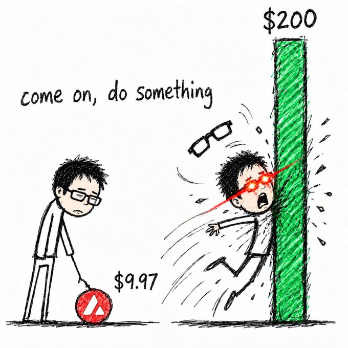The cartoon depicts a small Avalanche ($AVAX) coin worth $9.97 on the left with a disappointed figure, contrasted against a towering green bar reaching $200 on the right where an excited character crashes into it with glowing red eyes—symbolizing the anticipated explosive price surge of AVAX. The accompanying text "An $AVAX bull run is coming.. Lock in" reinforces the meme's message of anticipating significant upward momentum for the Avalanche token.