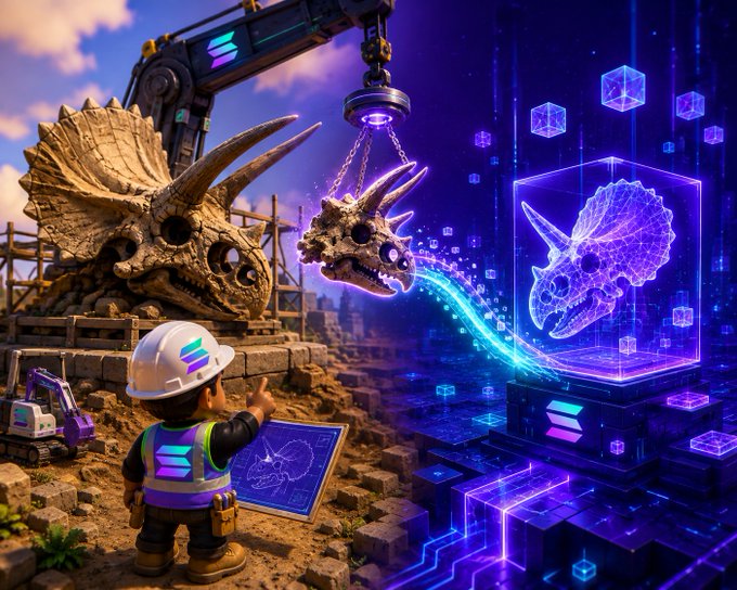 A creative artwork depicting a Solana-branded construction worker examining a triceratops fossil on the left while a holographic, digital purple version of the same skull appears on the right, symbolizing the transition from physical to digital.