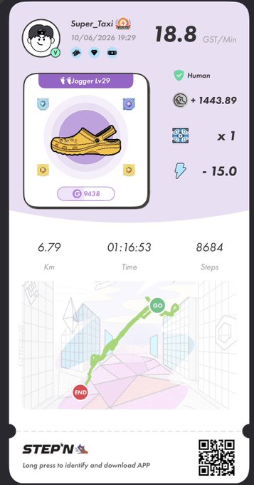 The image shows a phone screen with an app called "StepN" displayed, which appears to be related to fitness or exercise tracking. The app has a purple background and features a cartoon character walking through a cityscape. There are also several other icons on the screen, including a yellow shoe icon, a green triangle, and a red circle. The text on the screen reads "StepN code G111FN4gyrEx Let's play Enhance Still hunting Rainbow Consistency is the difference between desire and achievement... #STEPNGO".