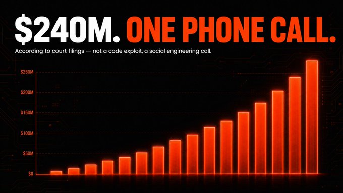 A chart graphic with red bars ascending to $250M, headlined '$240M. ONE PHONE CALL.' with subtitle noting it's a social engineering call according to court filings, not a code exploit.
