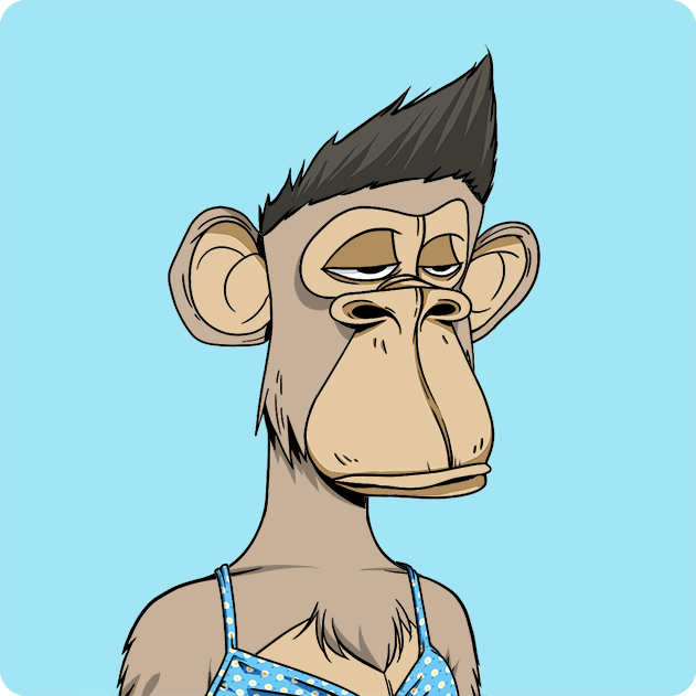 A cartoon illustration of a bored-looking monkey with a spiky black hairstyle, prominent ears, and a disinterested expression, wearing a blue polka-dot top against a light blue background.