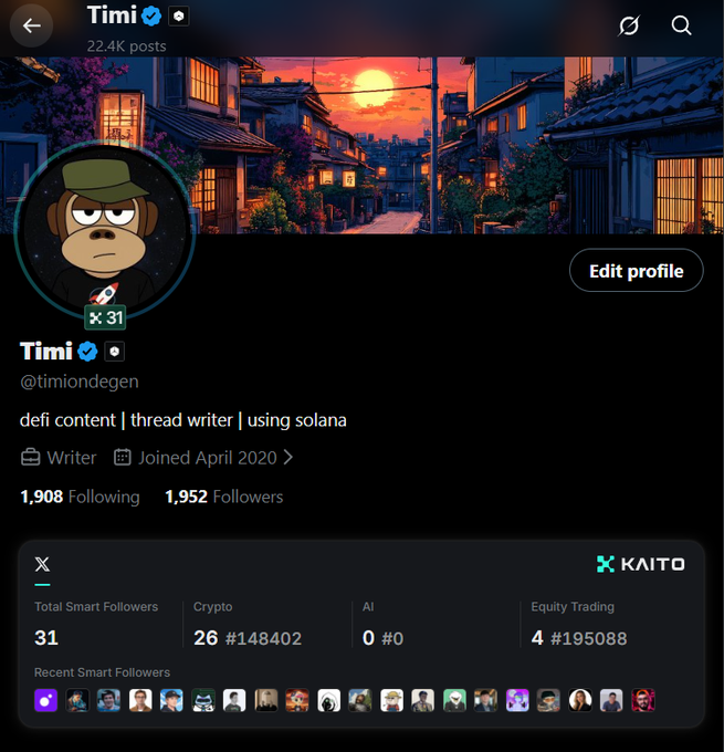 A Twitter/X profile page for user 'Timi' (@timiondegen), a verified account with 22.4K posts and 1,952 followers, describing themselves as 'defi content | thread writer | using solana' with a Bored Ape profile picture.