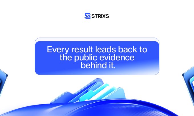 A promotional graphic for 'STRIXS' with a blue banner reading 'Every result leads back to the public evidence behind it.'