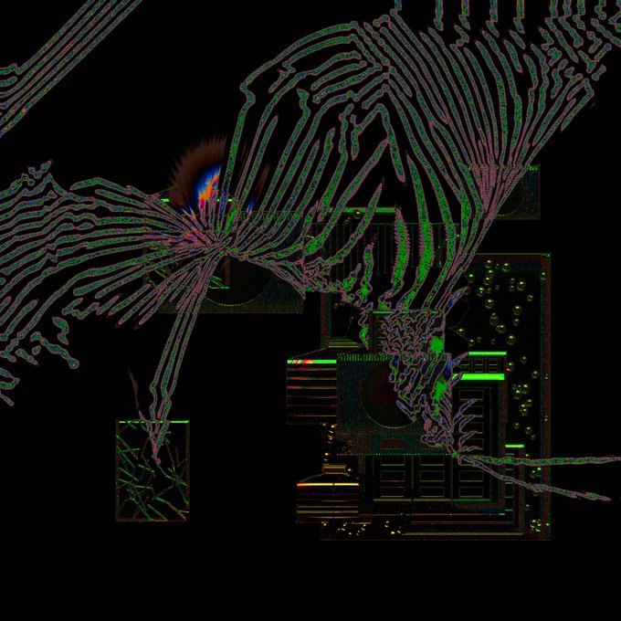 A heavily stylized, high-contrast image showing the green glowing outlines of a palm leaf and electronic circuit board patterns against a black background.