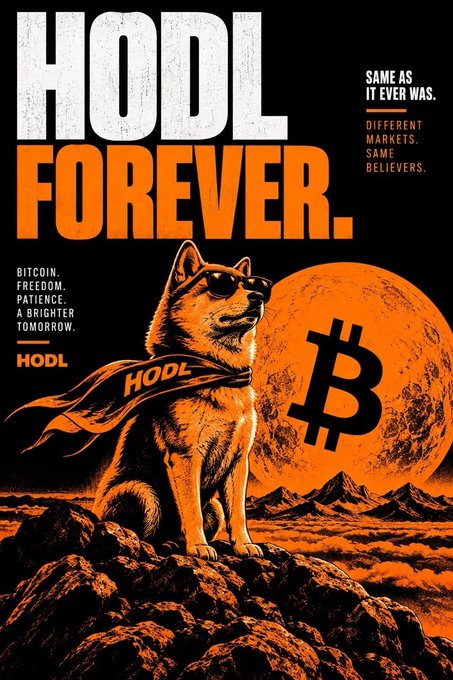 A stylized poster featuring a Shiba Inu dog wearing sunglasses and a 'HODL' cape, sitting on a rocky landscape with a Bitcoin symbol against an orange moon. Text reads 'HODL FOREVER.', 'BITCOIN. FREEDOM. PATIENCE. A BRIGHTER TOMORROW.', and 'SAME AS IT EVER WAS. DIFFERENT MARKETS. SAME BELIEVERS.'