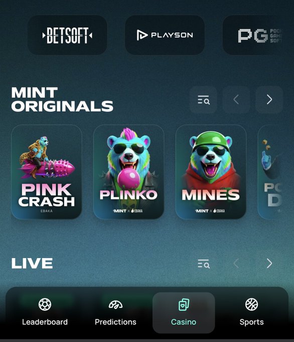 A mobile casino app interface displays "MINT ORIGINALS" with games including "PINK CRASH", "PLINKO", and "MINES", along with navigation tabs for Leaderboard, Predictions, Casino, and Sports.