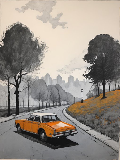 A watercolor and ink illustration of an orange vintage car driving on a road lined with dark trees, with a city skyline in the misty background and grassy hillsides.