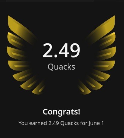 The image shows a black background with a gold-colored bird's wing design. The text "Congratulations! You earned 2,49 Quacks for June 1" is displayed below the wing design. This indicates that the user has achieved their goal of earning 2,49 Quacks in a specific time period, likely related to the Quip network or some other online platform.