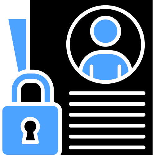 A graphic icon shows a blue padlock alongside a user profile avatar and text lines on a black background, representing privacy or account security.