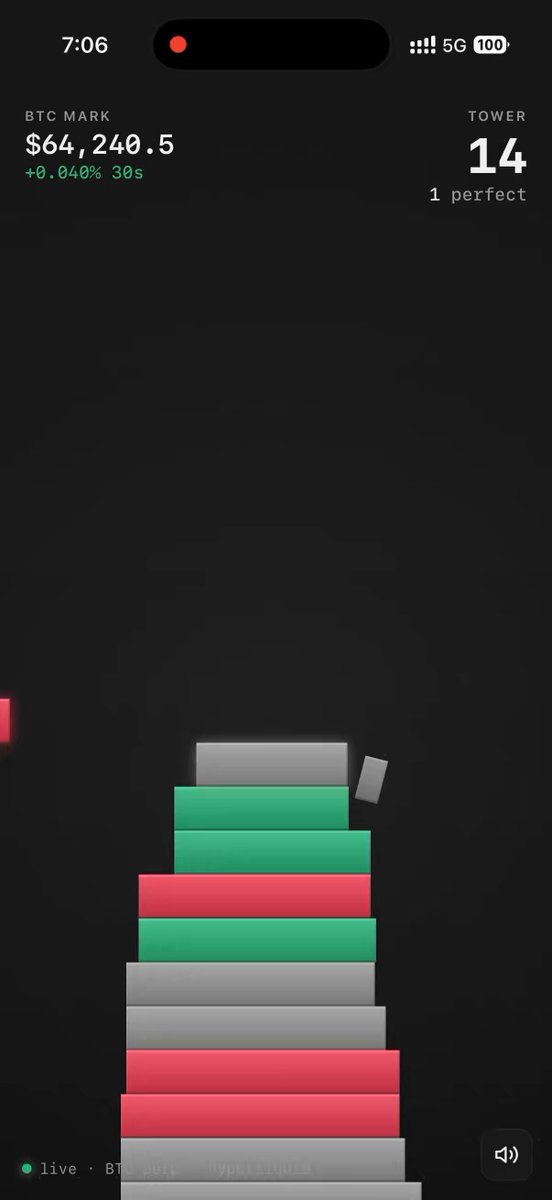 The image shows a phone screen displaying a video game called "Claude Made Stack Btc Game". The game appears to be a mobile version of the classic board game, where players stack blocks on top of each other following certain rules. The game is currently in progress and has reached level 14. The player's score for this particular game is 1 perfect.