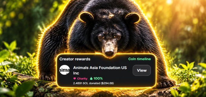 A black bear stands in a sunlit forest setting, overlaid with a "Creator rewards" panel showing "Animals Asia Foundation US Inc" with a 100% charity badge and "2.4891 SOL donated ($294.68)" under a "Coin timeline" section. The image visually represents the post "Chad in $Fern," highlighting a charitable crypto donation directed toward an animal welfare organization.