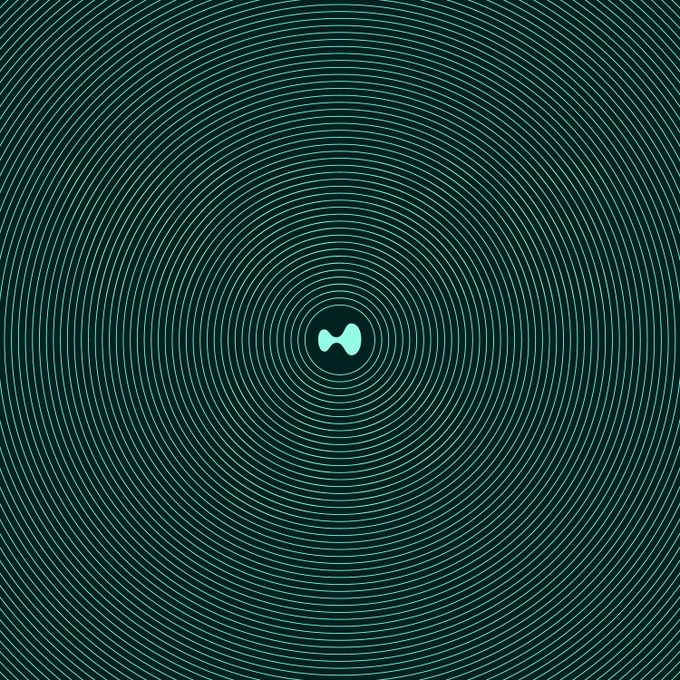 A black background featuring concentric teal circles radiating outward from a central infinity symbol or bowtie-shaped icon.