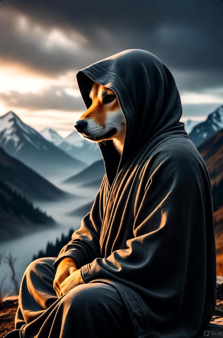 The image features a dog wearing a hooded sweatshirt or coat while sitting on top of a mountain. The dog appears to be in a contemplative pose, possibly enjoying the view or taking a break from its journey. The background includes mountains under a cloudy sky, creating an atmosphere of solitude and tranquility. The caption at the bottom of the image reads "Patience is bitter, but its fruit is sweet... HODL!!! $DOGE". This phrase adds a touch of humor to the scene while still conveying the idea that patience can be challenging yet rewarding in life's journeys or adventures.